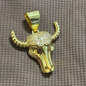 Taurus Pendant - Gold Horned Bull Skull with Clear Stones